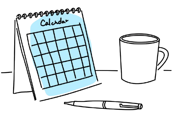 卓上カレンダーとペンとコーヒーカップシンプル線画のイメージ 卓上カレンダーとペンとコーヒーカップシンプル線画のイメージ